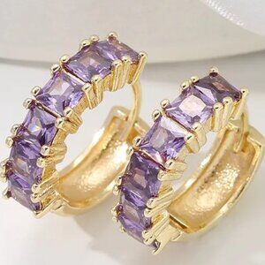 18K GOLD DIPPED SQUARE PURPLE CUBIC ZIRCONIA SET IN A COPPER BASE EARRING